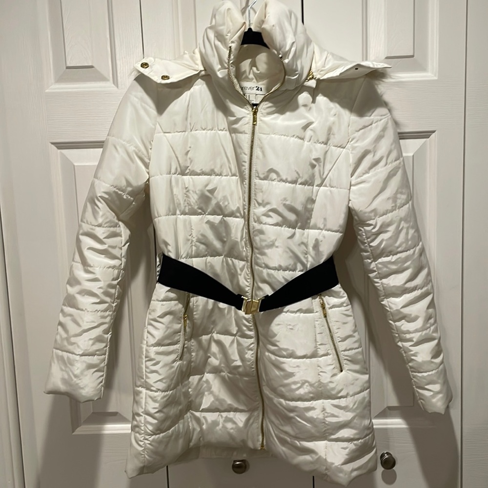 Forever 21 White Belted Puffer Coat with Fur Hood